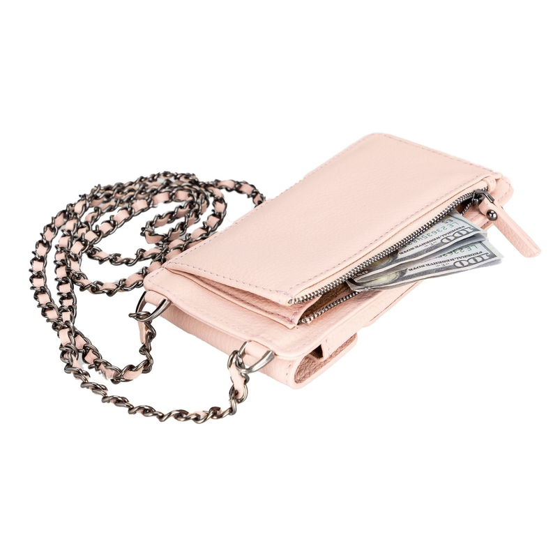 Pink leather phone wallet crossbody with zipper pocket and chain strap
