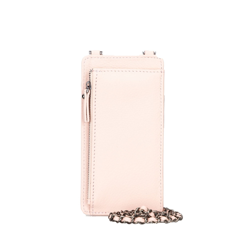 Pink leather phone wallet crossbody with front stitch panel and chain strap