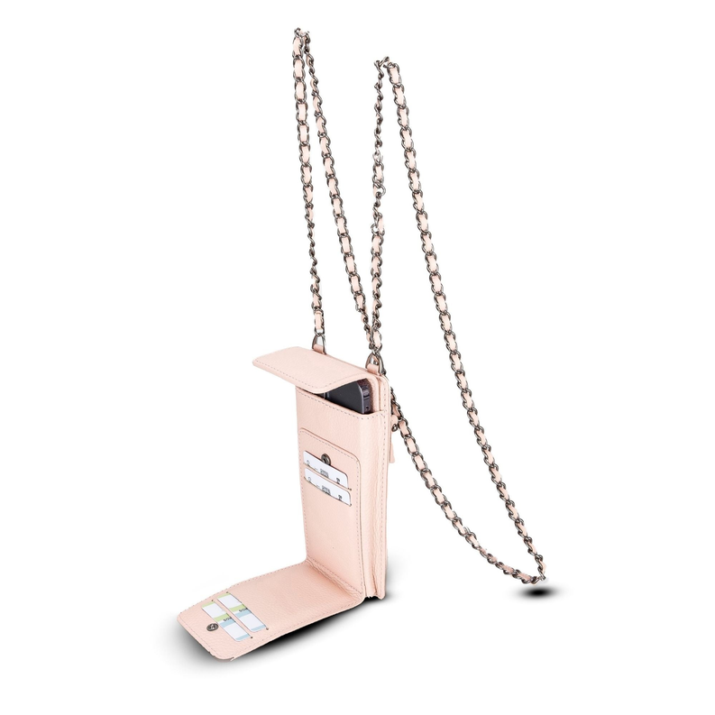 Pink leather phone wallet crossbody with detachable chain strap