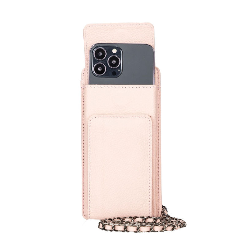 Pink leather phone wallet crossbody with card slot and chain strap