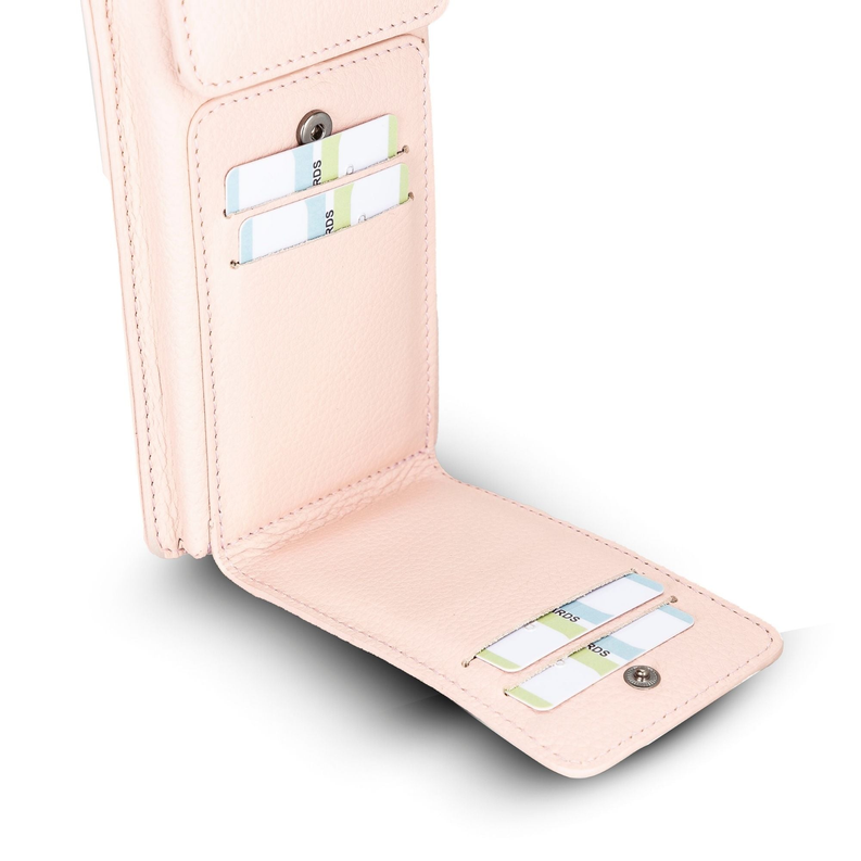 Pink leather card slots inside phone wallet with snap button closure