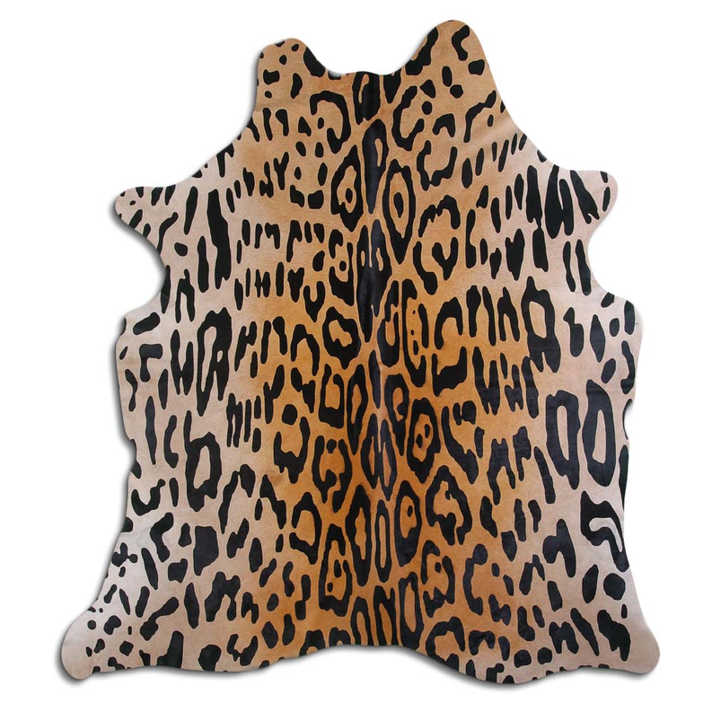 Beige cowhide rug with jaguar print, irregular hide shape