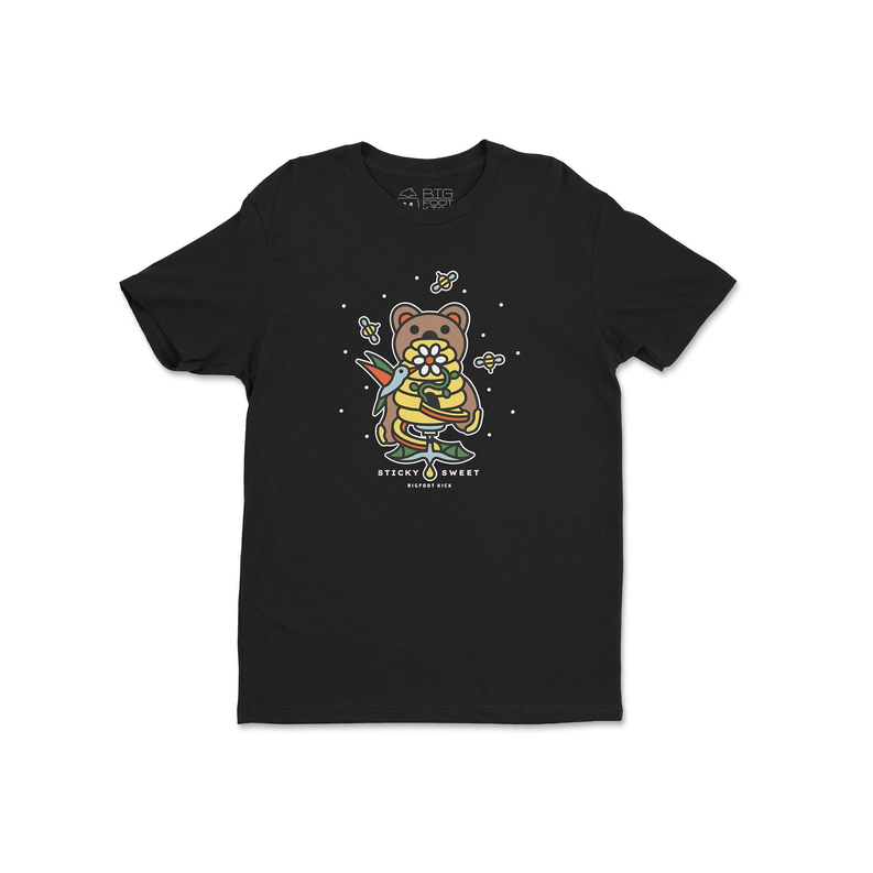Black short-sleeve T-shirt with centered bear mascot “Sticky Sweet” artwork