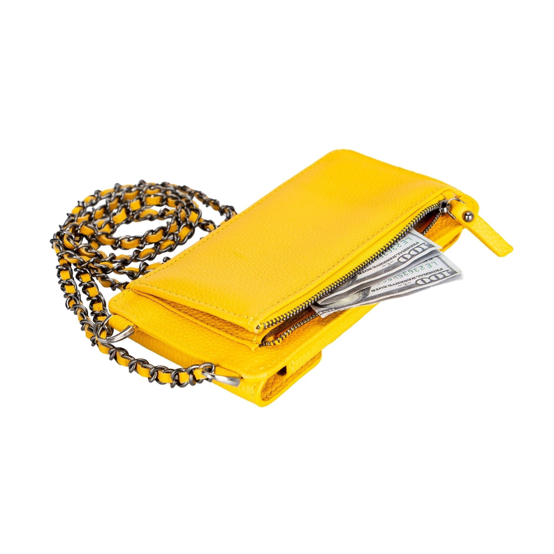 Yellow leather crossbody phone wallet with gold chain strap and zip closure