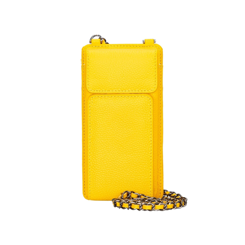 Yellow leather phone wallet with front pocket, snap closure, and chain shoulder strap