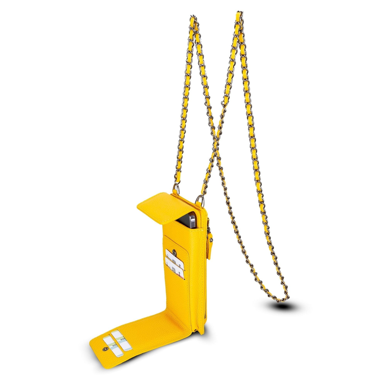 Yellow leather phone wallet crossbody with double chain strap and front card slot