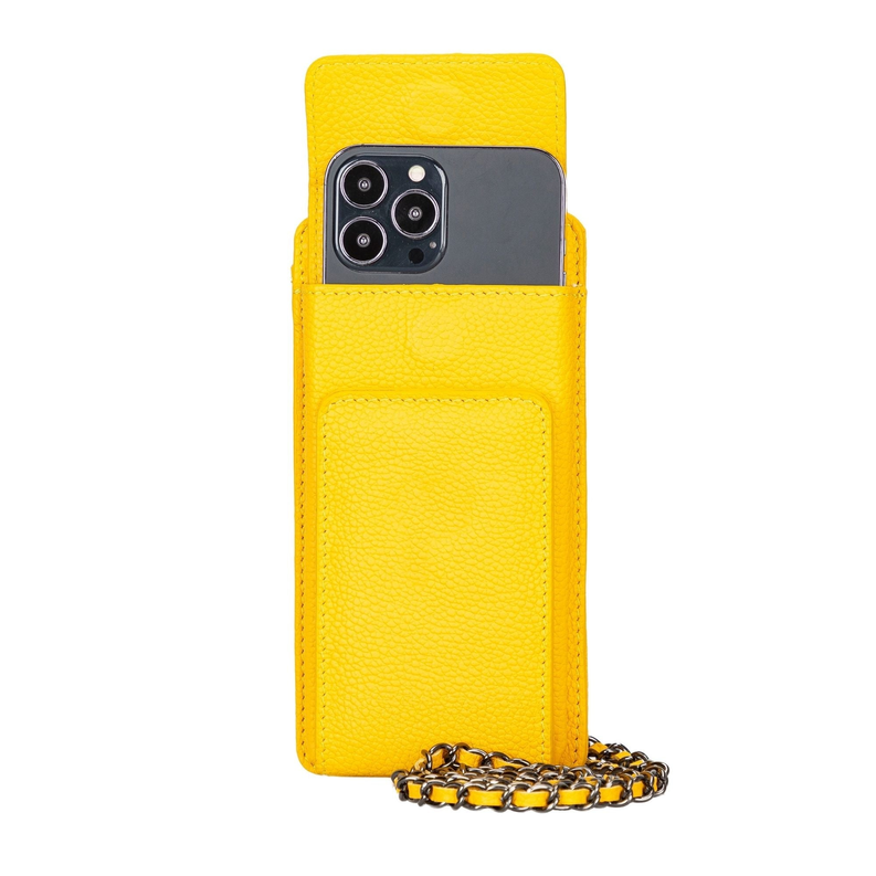 Yellow leather phone wallet with card pocket and phone camera cutout window
