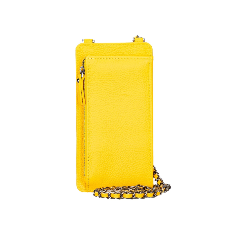 Yellow leather vertical phone wallet with zip top and chain shoulder strap