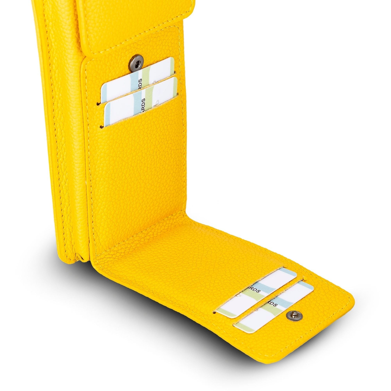 Yellow leather phone wallet with card slots and snap button fold-over