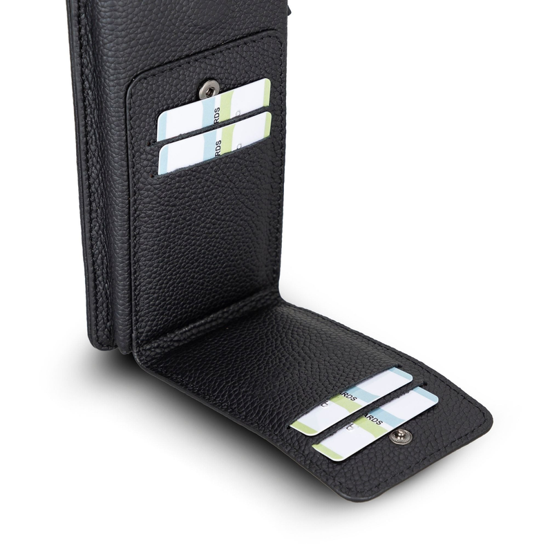 Black leather crossbody phone wallet with card slots and magnetic snap flap