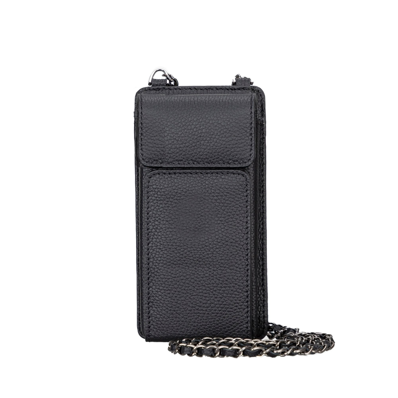 Black leather crossbody phone wallet with front flap and silver chain strap