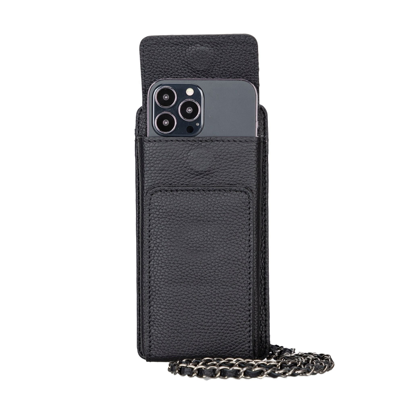 Black leather crossbody phone wallet sized for a phone with camera cutout
