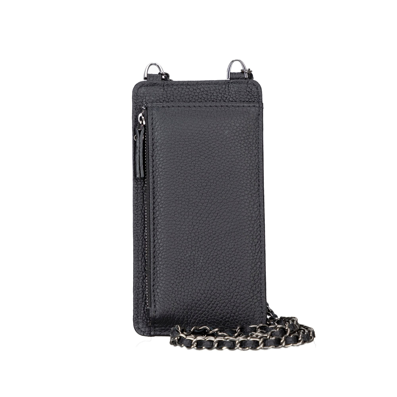 Black leather vertical crossbody phone wallet with chain strap and top handle