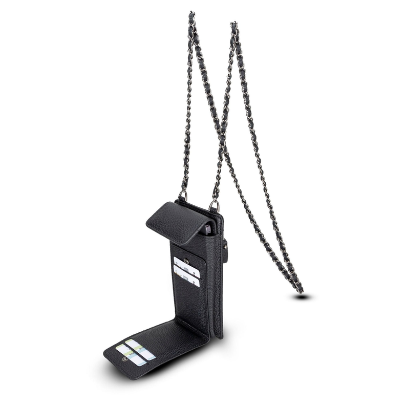 Black leather crossbody phone wallet with card slot panel and silver chain strap