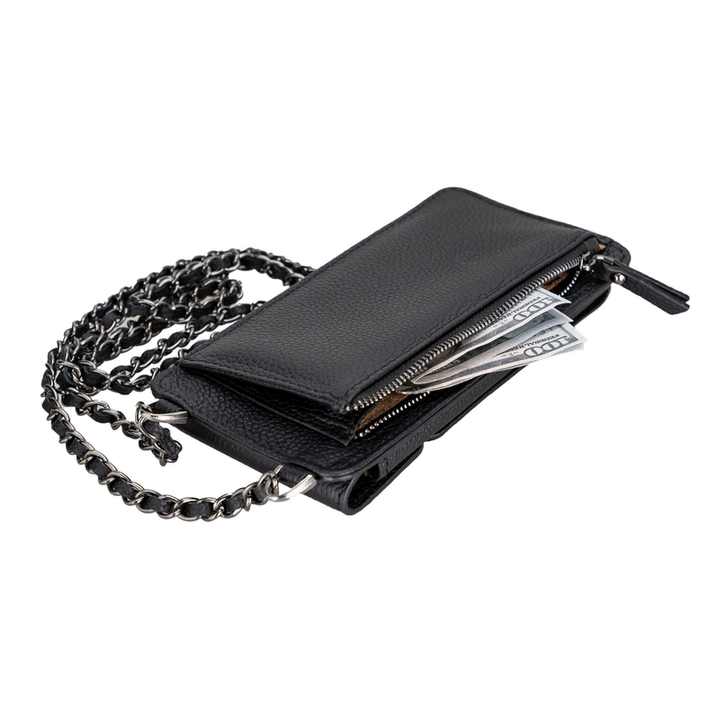 Black leather phone wallet with open front, card slot, and zipper pocket