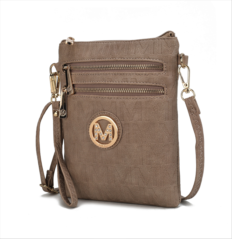 Brown signature crossbody bag with zip pockets, adjustable strap, and front logo patch
