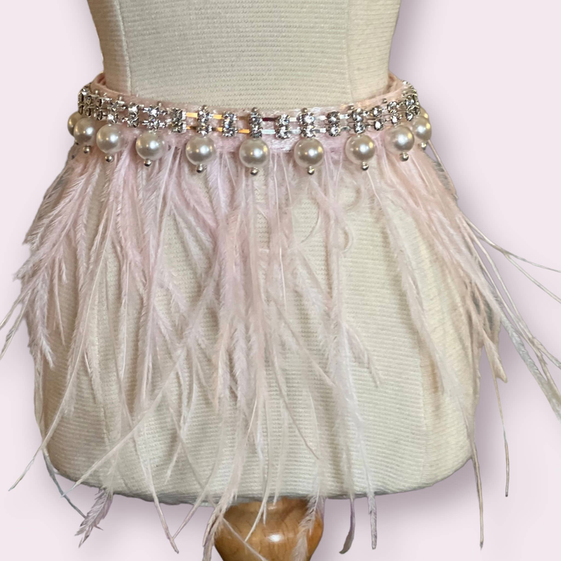 Embellished glam collar with pearl beads, rhinestone band, and hanging pink feather fringe