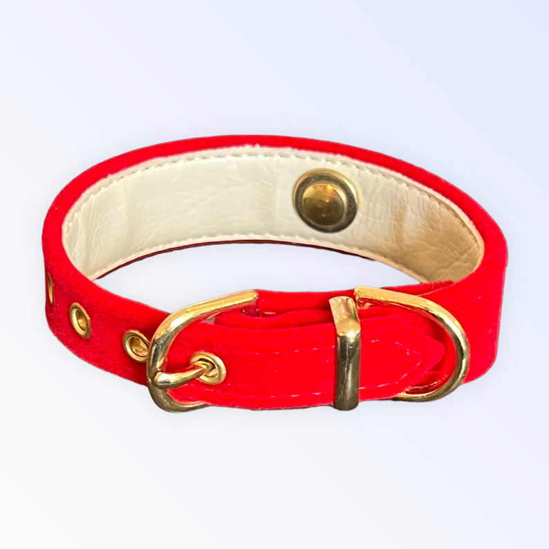 Red velvet dog collar with beige lining, gold hardware and D-ring clasp