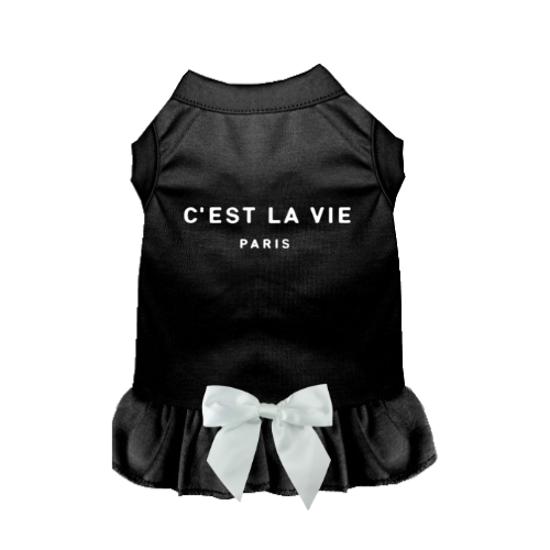 Black sleeveless pet dress with white bow and C'EST LA VIE PARIS print