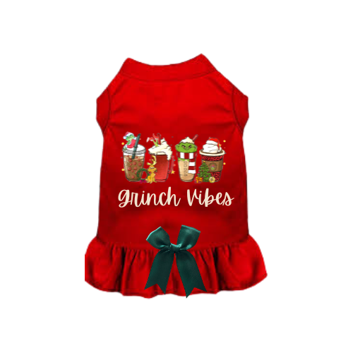 Red pet shirt with 'Grinch Vibes' print and green bow hem