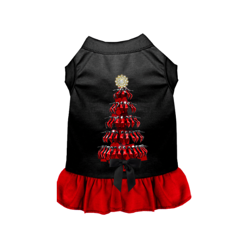 Black dog dress with red ruffle hem, tree graphic, and small back bow