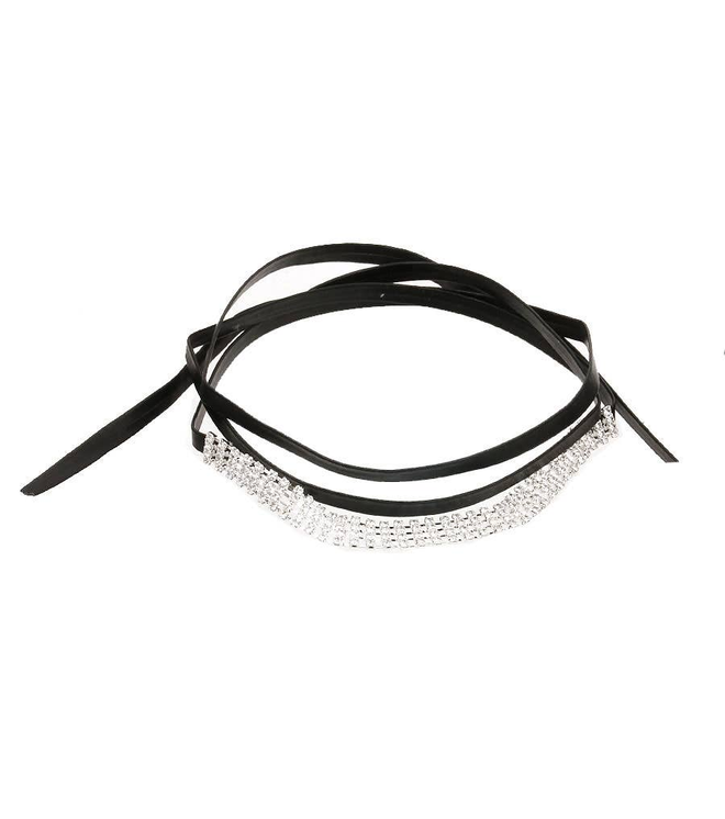Black leatherette-style pet necklace with silver rhinestone ribbon detail