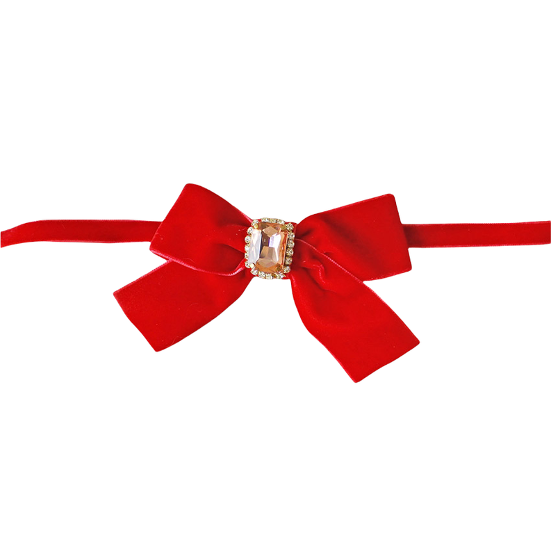 Red velvet bow necklace with square rhinestone clasp and adjustable ribbon ties