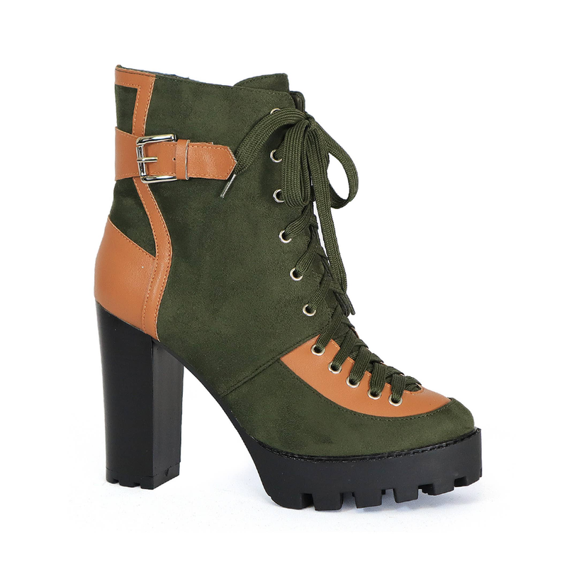 Two-tone green and tan lace-up hiker bootie with chunky black heel and side strap