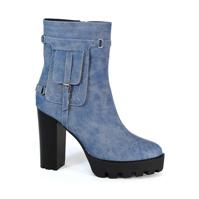 Women’s denim western hiker booties, side pocket straps, chunky block heel
