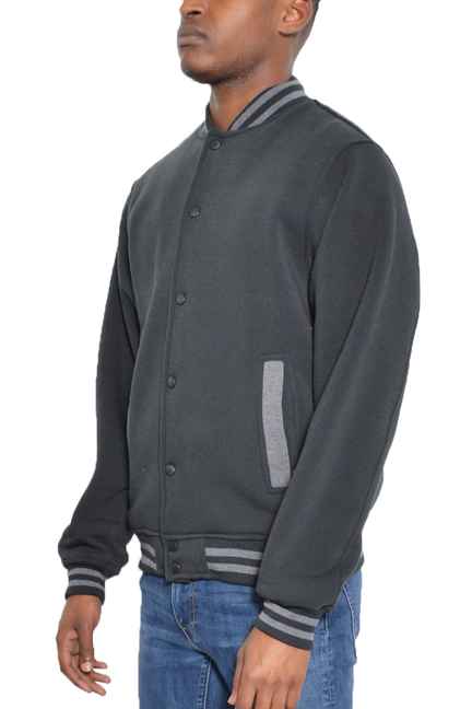 Charcoal fleece varsity jacket with snap-button front, striped rib collar and cuffs