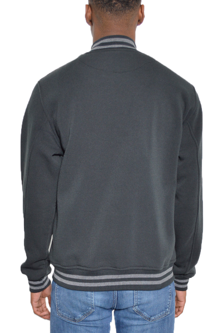 Black fleece varsity jacket full-back view with striped ribbed hem and cuffs