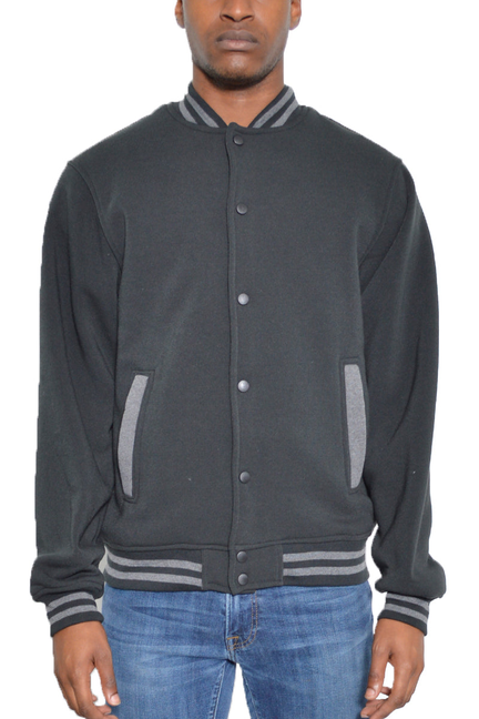 Black fleece varsity jacket with snap-button front, stand collar, and side welt pockets