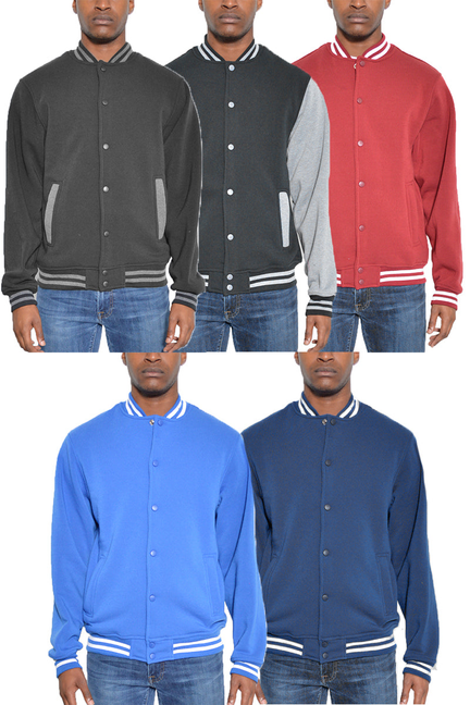 Fleece varsity jackets in black, red, and blue with snap-button front and striped trim
