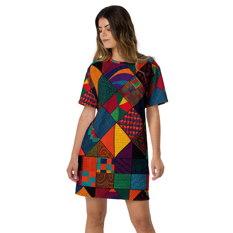 Patchwork t-shirt dress with multicolor geometric pattern, crew neck, short sleeves