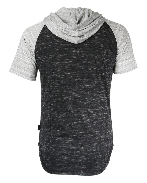 Men's raglan hoodie T-shirt, black body with heather gray sleeves and hood