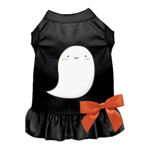 Black pet dress with white ghost face applique and orange bow hem