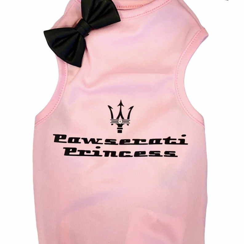Pink sleeveless pet dress with black bow and Pawserati Princess logo