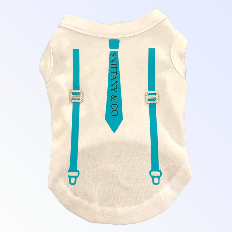 Cream T-shirt with teal suspenders graphic and Sniffany lettering, back view
