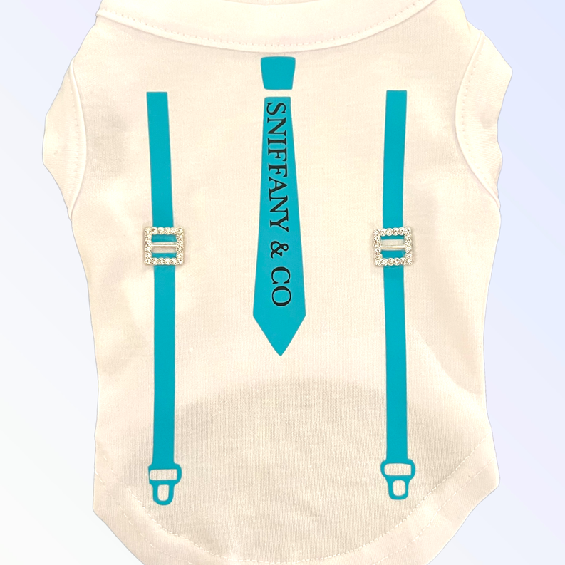 Cream T-shirt with teal suspenders graphic, rhinestone buckle detail, back view