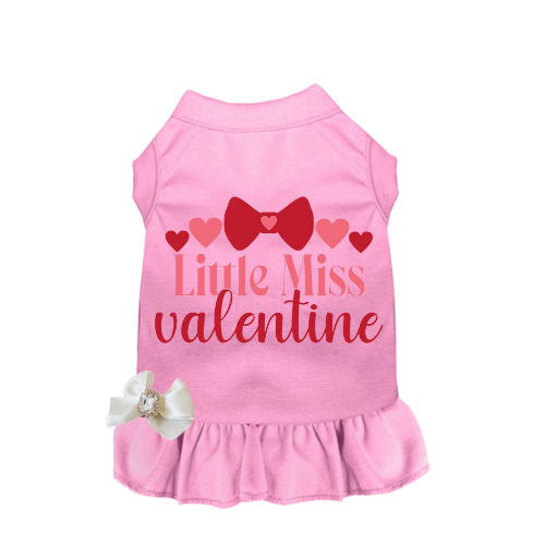 Little Miss Valentine pink sleeveless pet dress with red hearts and ruffled skirt