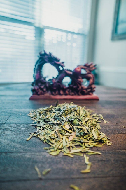 Organic Dragonwell tea leaves scattered on a floor near a tea cup