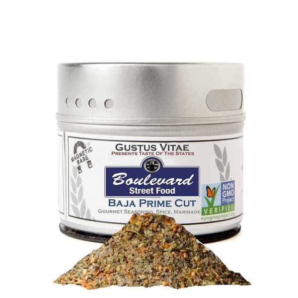 Baja Prime Cut seasoning jar with spice blend pile, gray lid and spice-colored mix