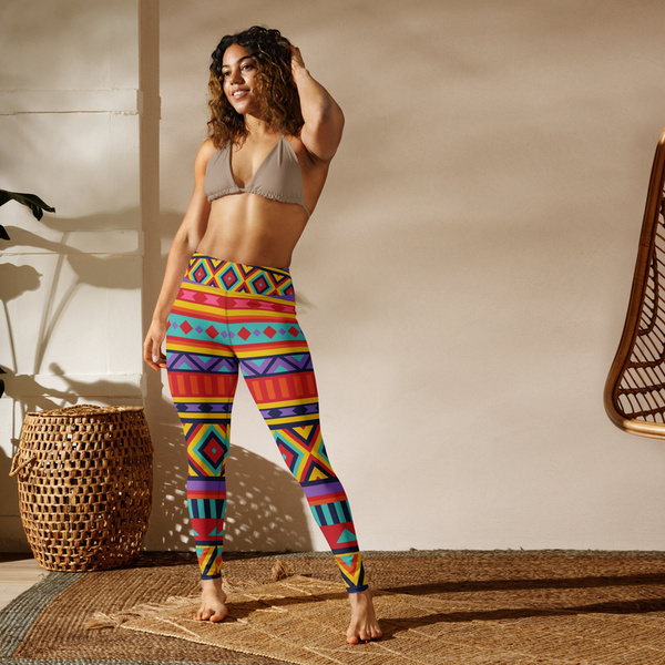 Printed yoga leggings with colorful tribal stripe pattern, full-length slim fit