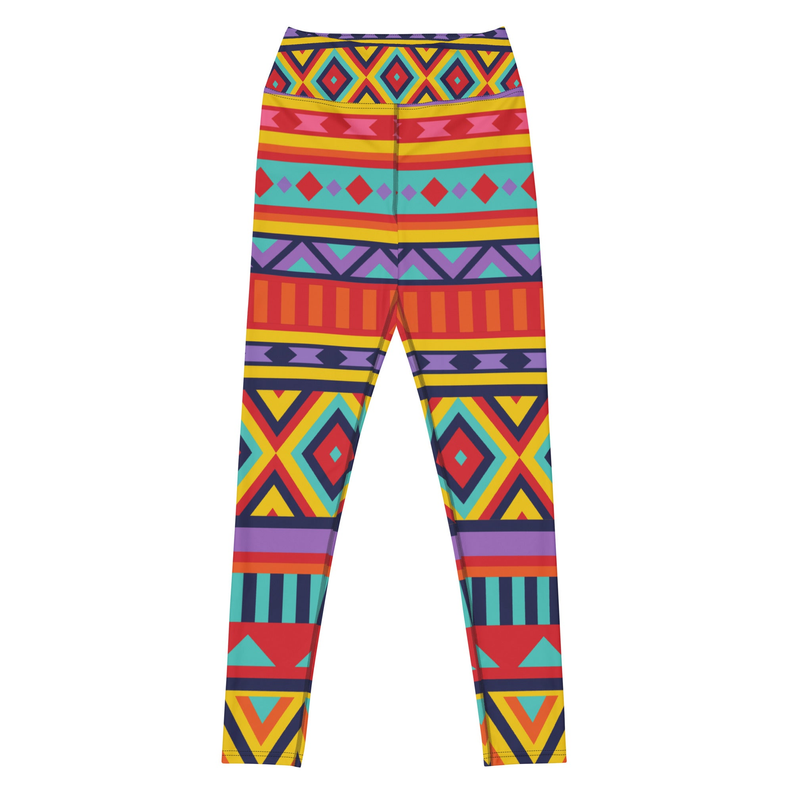 Geometric tribal print leggings with mid-rise elastic waistband, full-length multicolor