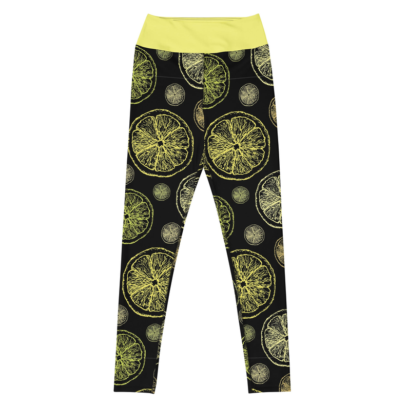 High-waist yoga leggings, black with lime citrus print and neon yellow waistband