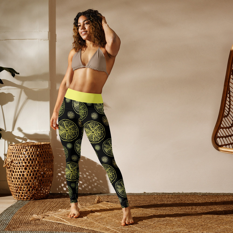 High-waist full-length leggings with lime citrus print on black and neon yellow waistband