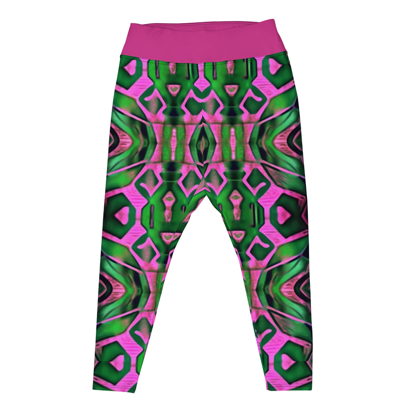 Women’s leggings with neon green and pink abstract print, purple waistband