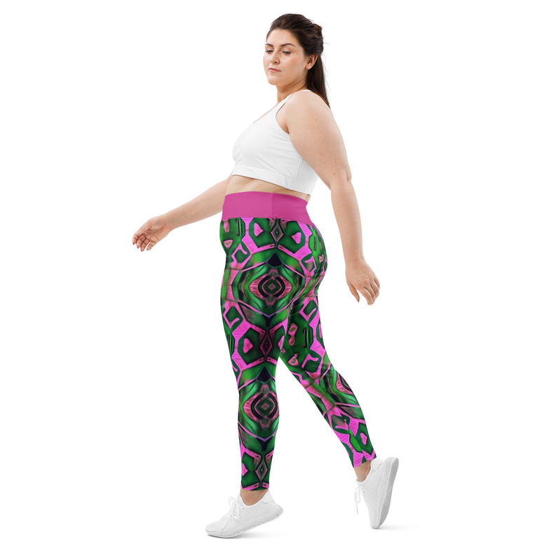 Green and pink geometric print leggings with purple waistband, side view