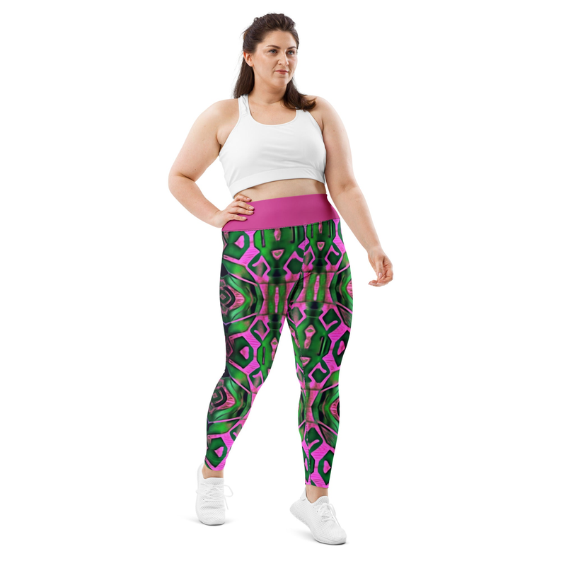 Neon abstract print leggings in green and pink with purple high-rise waistband