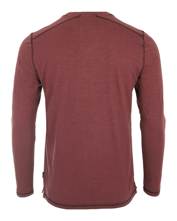 Men's burgundy long-sleeve henley shirt with V-notch collar and contrast trim